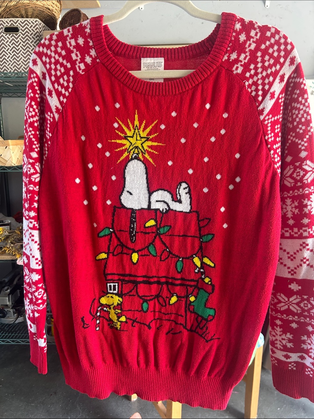 Peanuts Red Christmas Crewneck Sweater with Snoopy & Woodstock